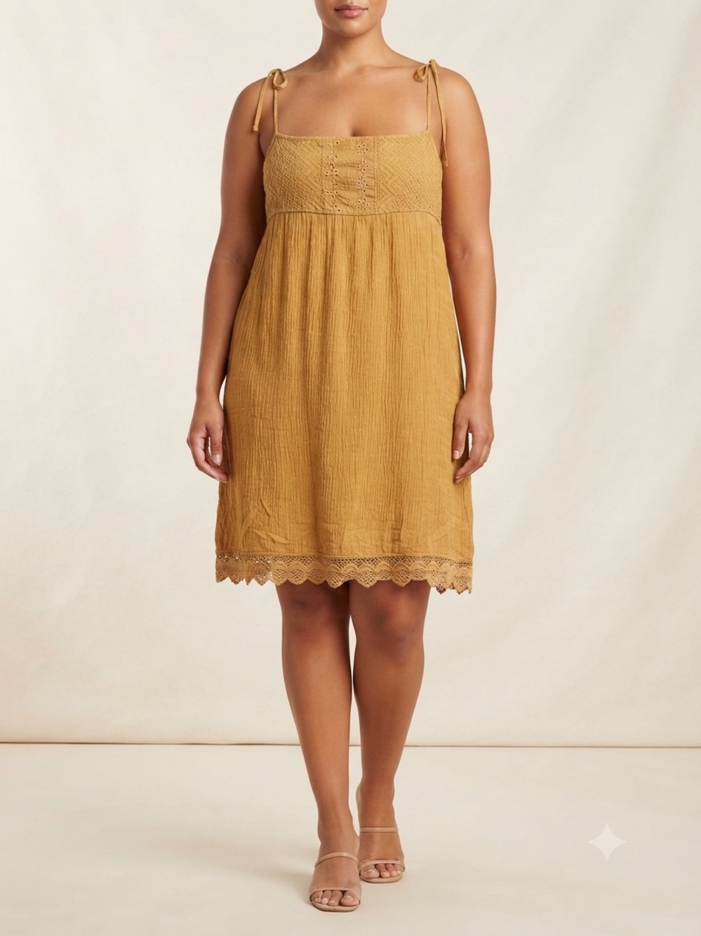 Mustard Tie-Shoulder Sundress with Lace Trim